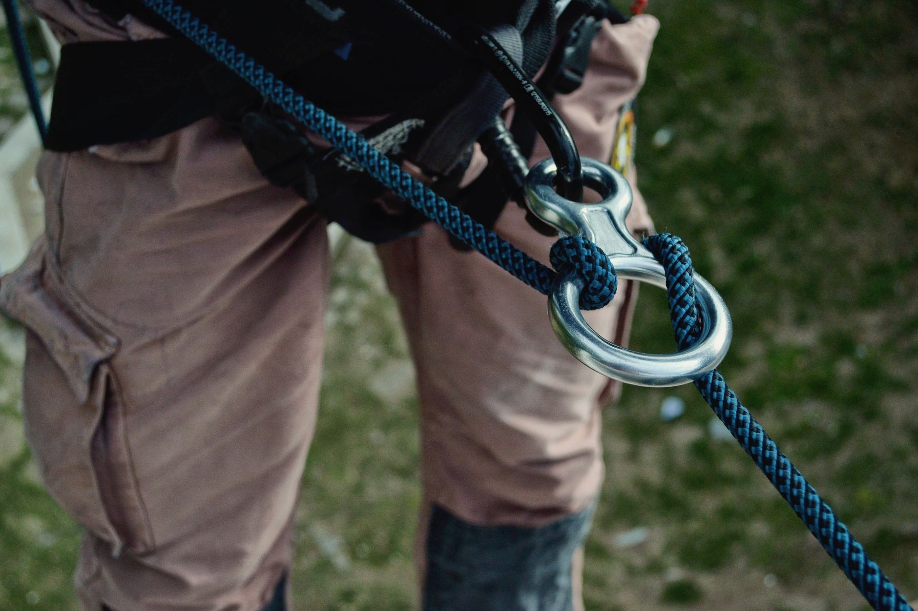 Close-up of the climbing harness and rigging gear